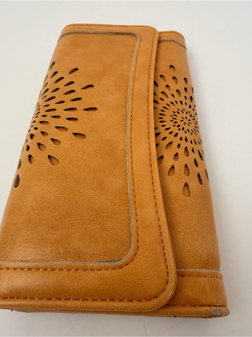 Aphorism Tan Laser-Cut Foldover Clutch Wristlet